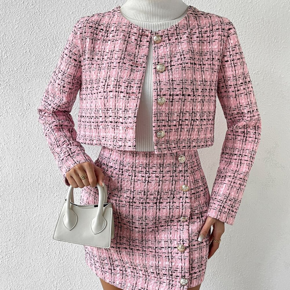 Pink Elegant Women's Plaid Button Front Crop Jacket & Skirt - Picture 5 of 6